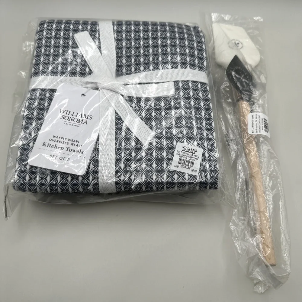 Williams Sonoma Waffle Weave Kitchen Towels Dish Set 2 + Logo Spatula New Gift